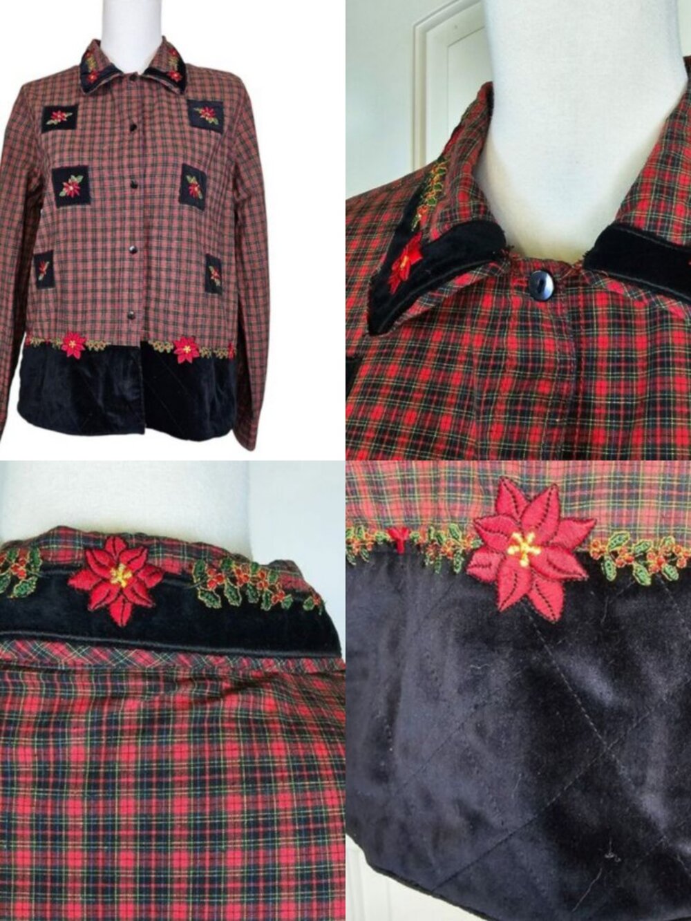 Vintage Quizz Again Plaid Velvet Quilted Embroidered Accent Xmas Top Size M